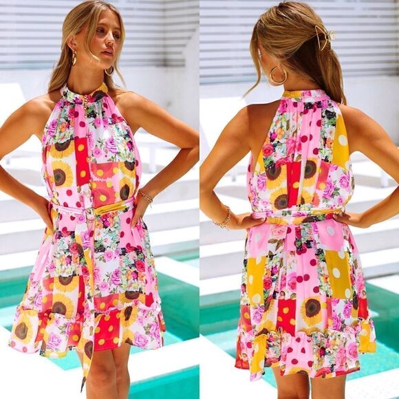 Floral and Polka Dot Halter Mini Dress - Picture 1 of 6